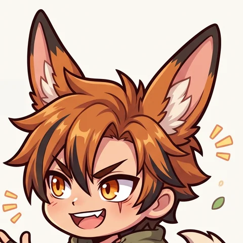 Portrait of Nikku, a fennec fox boy with orange and black hair, amber eyes and a confident grin.
