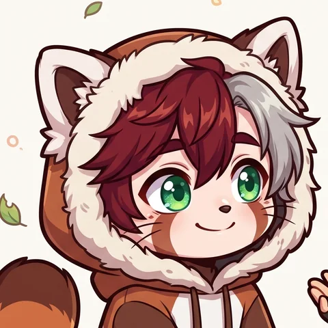 Portrait of Rupert, a red panda boy with red and grey hair and green eyes, smiling in a fluffy hood.