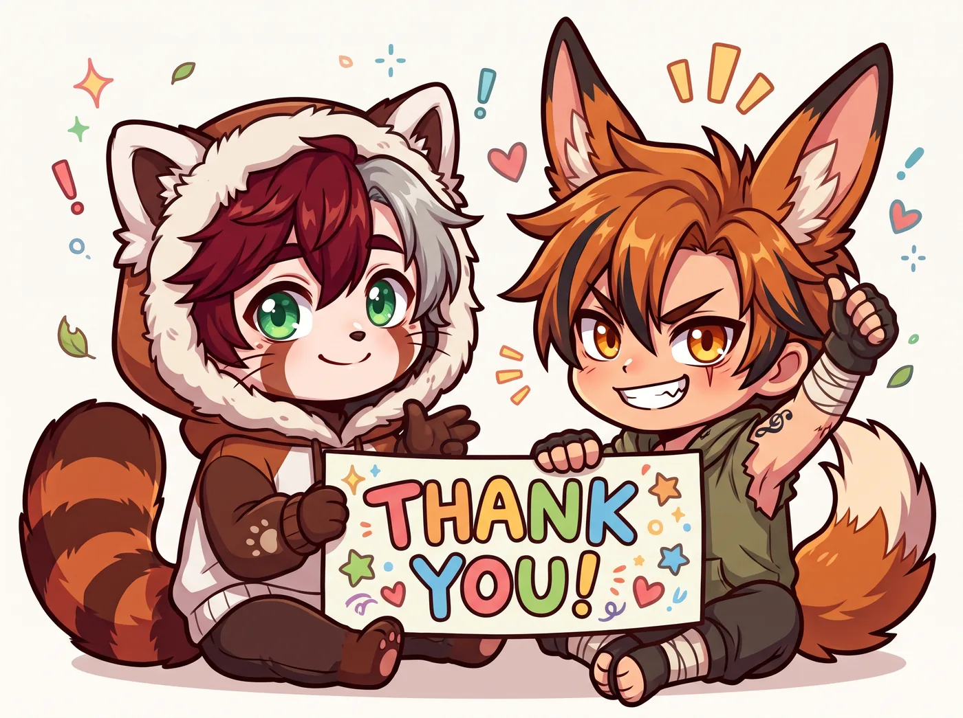 Chibi Rupert and Nikku holding a colourful sign that says Thank You.